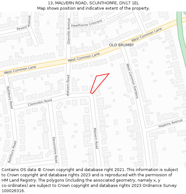 13, MALVERN ROAD, SCUNTHORPE, DN17 1EL: Location map and indicative extent of plot