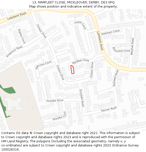 13, MARFLEET CLOSE, MICKLEOVER, DERBY, DE3 0PQ: Location map and indicative extent of plot