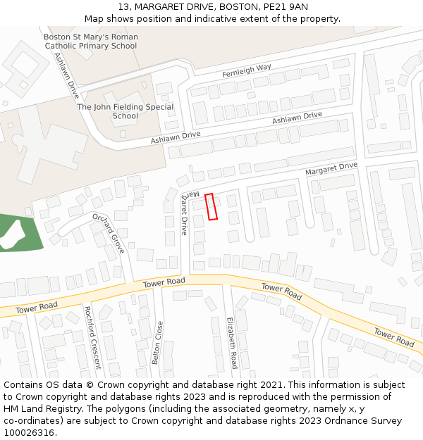 13, MARGARET DRIVE, BOSTON, PE21 9AN: Location map and indicative extent of plot