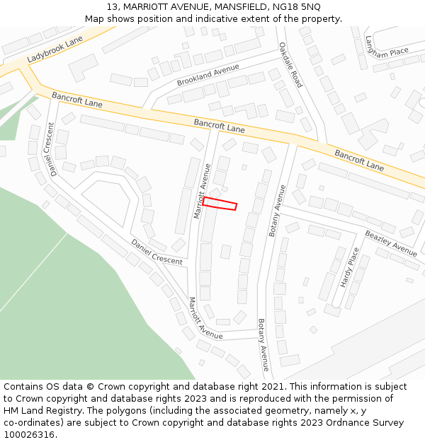 13, MARRIOTT AVENUE, MANSFIELD, NG18 5NQ: Location map and indicative extent of plot