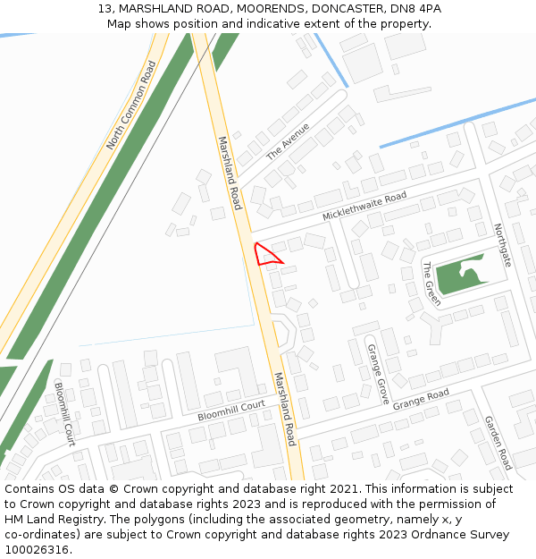 13, MARSHLAND ROAD, MOORENDS, DONCASTER, DN8 4PA: Location map and indicative extent of plot
