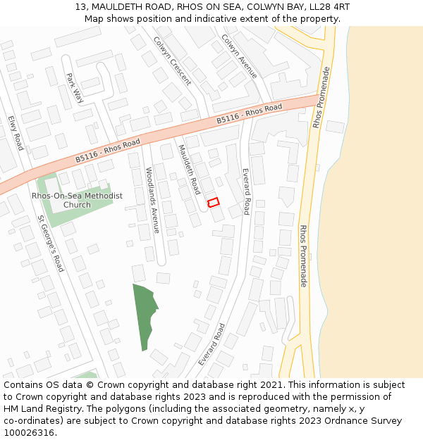 13, MAULDETH ROAD, RHOS ON SEA, COLWYN BAY, LL28 4RT: Location map and indicative extent of plot