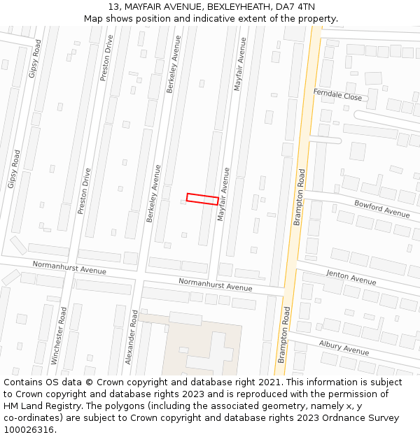 13, MAYFAIR AVENUE, BEXLEYHEATH, DA7 4TN: Location map and indicative extent of plot