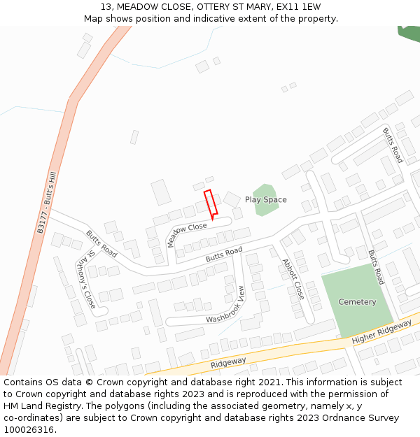 13, MEADOW CLOSE, OTTERY ST MARY, EX11 1EW: Location map and indicative extent of plot
