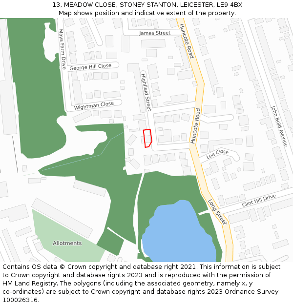 13, MEADOW CLOSE, STONEY STANTON, LEICESTER, LE9 4BX: Location map and indicative extent of plot
