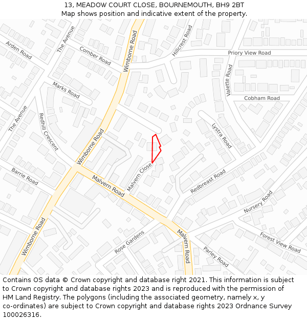 13, MEADOW COURT CLOSE, BOURNEMOUTH, BH9 2BT: Location map and indicative extent of plot