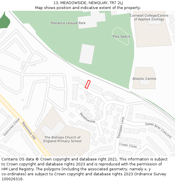 13, MEADOWSIDE, NEWQUAY, TR7 2LJ: Location map and indicative extent of plot