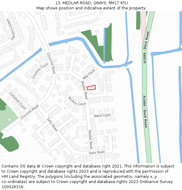 13, MEDLAR ROAD, GRAYS, RM17 6TU: Location map and indicative extent of plot
