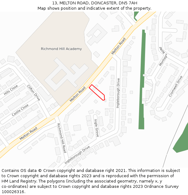13, MELTON ROAD, DONCASTER, DN5 7AH: Location map and indicative extent of plot