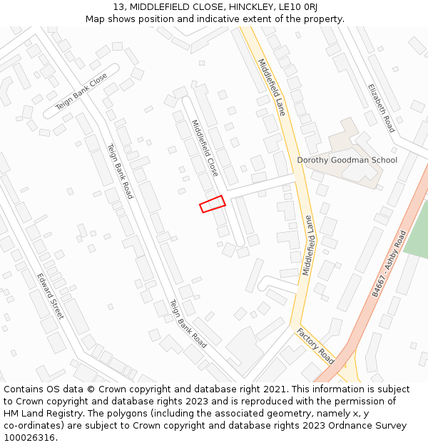 13, MIDDLEFIELD CLOSE, HINCKLEY, LE10 0RJ: Location map and indicative extent of plot