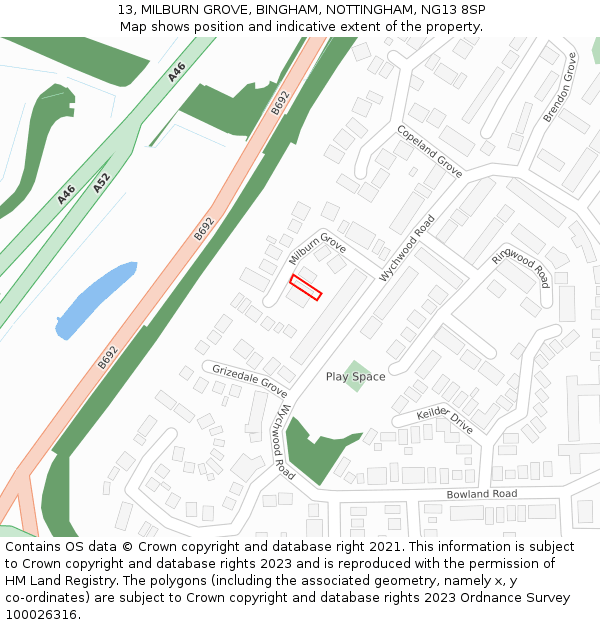 13, MILBURN GROVE, BINGHAM, NOTTINGHAM, NG13 8SP: Location map and indicative extent of plot