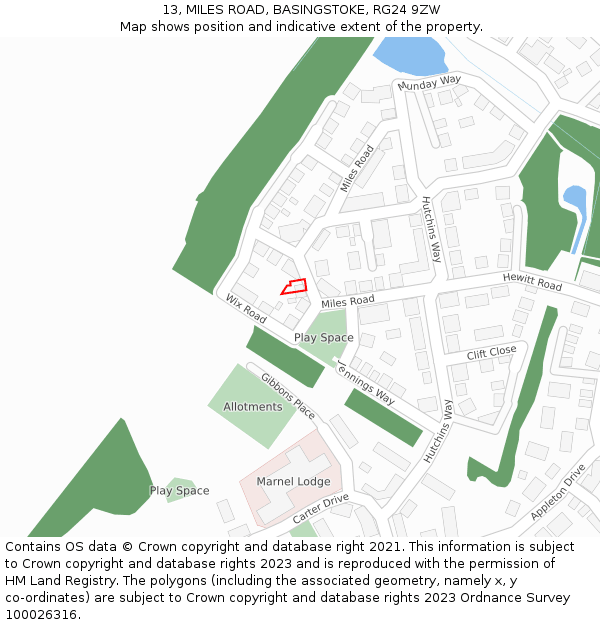 13, MILES ROAD, BASINGSTOKE, RG24 9ZW: Location map and indicative extent of plot
