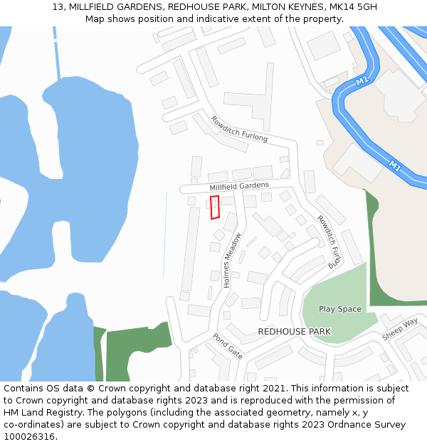 13, MILLFIELD GARDENS, REDHOUSE PARK, MILTON KEYNES, MK14 5GH: Location map and indicative extent of plot