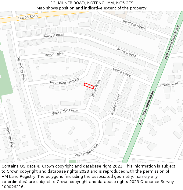 13, MILNER ROAD, NOTTINGHAM, NG5 2ES: Location map and indicative extent of plot