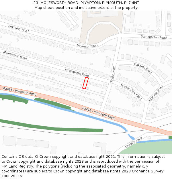 13, MOLESWORTH ROAD, PLYMPTON, PLYMOUTH, PL7 4NT: Location map and indicative extent of plot