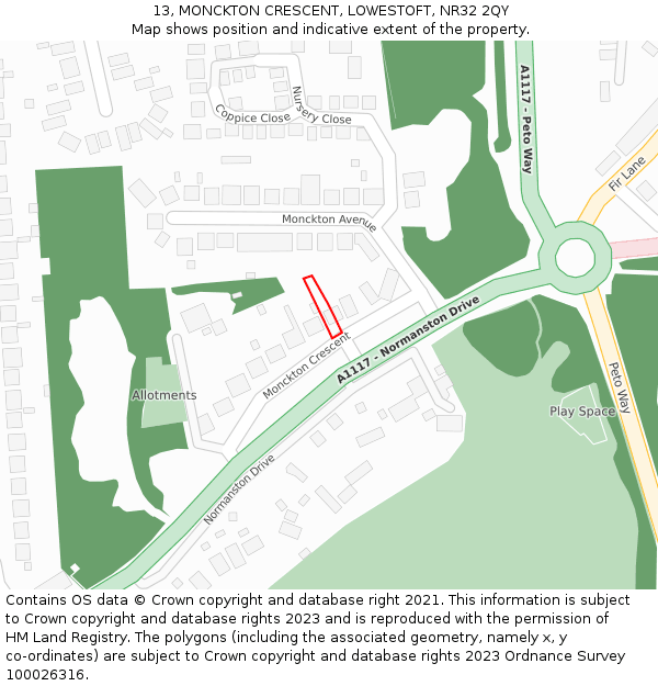 13, MONCKTON CRESCENT, LOWESTOFT, NR32 2QY: Location map and indicative extent of plot