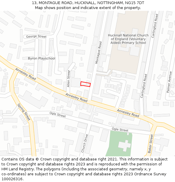 13, MONTAGUE ROAD, HUCKNALL, NOTTINGHAM, NG15 7DT: Location map and indicative extent of plot