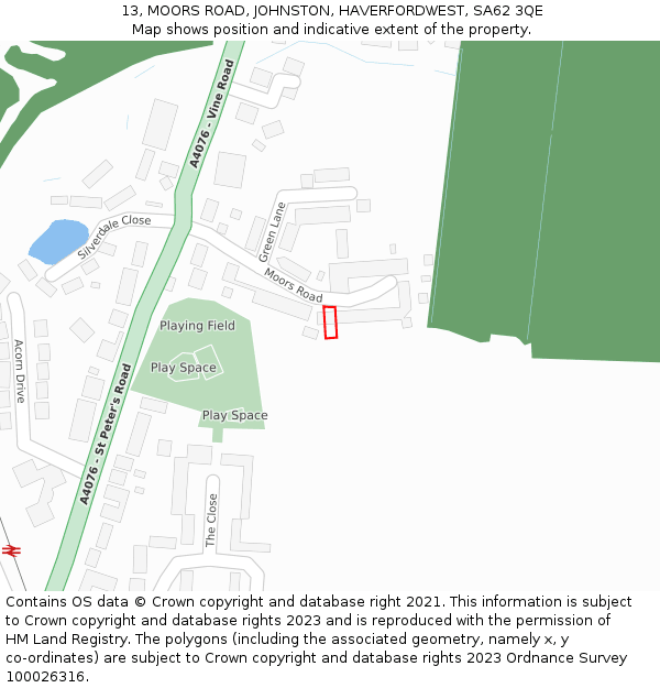 13, MOORS ROAD, JOHNSTON, HAVERFORDWEST, SA62 3QE: Location map and indicative extent of plot