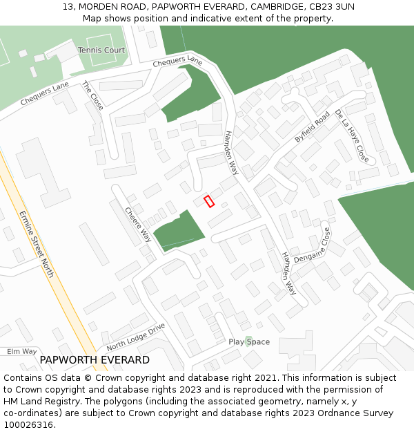 13, MORDEN ROAD, PAPWORTH EVERARD, CAMBRIDGE, CB23 3UN: Location map and indicative extent of plot