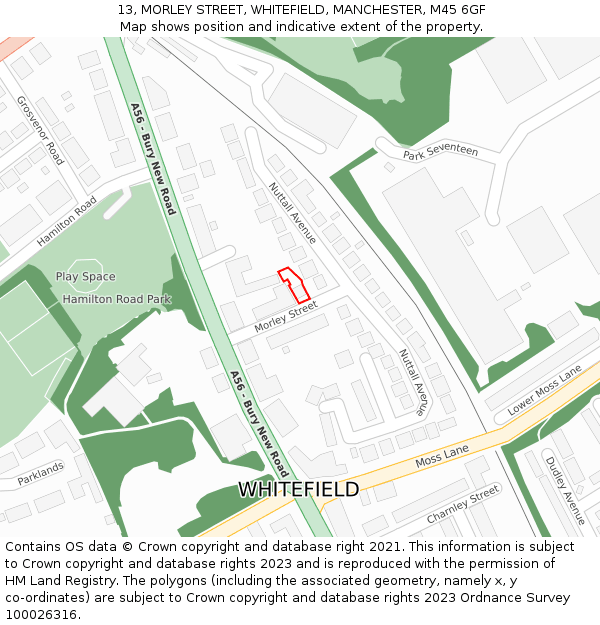 13, MORLEY STREET, WHITEFIELD, MANCHESTER, M45 6GF: Location map and indicative extent of plot