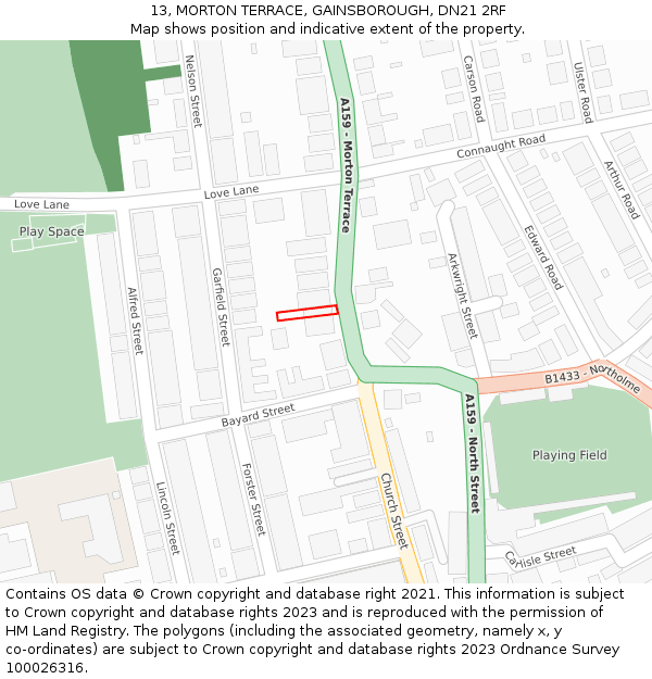 13, MORTON TERRACE, GAINSBOROUGH, DN21 2RF: Location map and indicative extent of plot