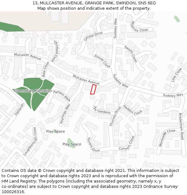 13, MULCASTER AVENUE, GRANGE PARK, SWINDON, SN5 6EG: Location map and indicative extent of plot