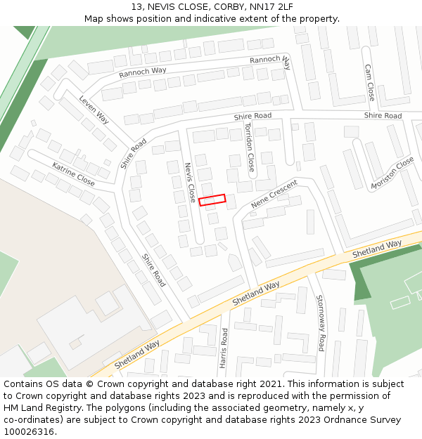 13, NEVIS CLOSE, CORBY, NN17 2LF: Location map and indicative extent of plot