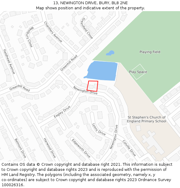 13, NEWINGTON DRIVE, BURY, BL8 2NE: Location map and indicative extent of plot