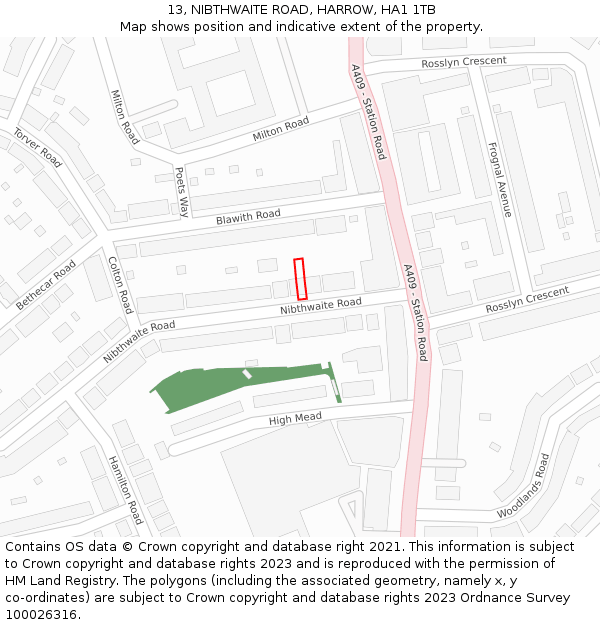 13, NIBTHWAITE ROAD, HARROW, HA1 1TB: Location map and indicative extent of plot