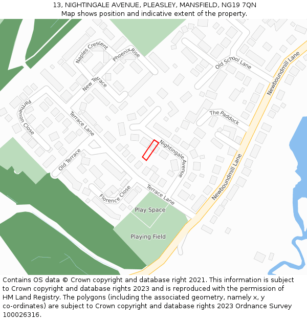 13, NIGHTINGALE AVENUE, PLEASLEY, MANSFIELD, NG19 7QN: Location map and indicative extent of plot
