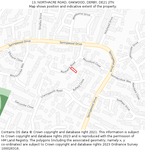 13, NORTHACRE ROAD, OAKWOOD, DERBY, DE21 2TN: Location map and indicative extent of plot