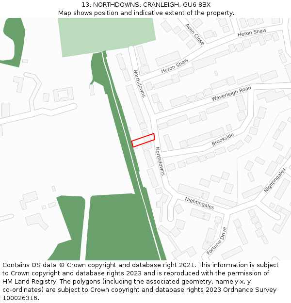 13, NORTHDOWNS, CRANLEIGH, GU6 8BX: Location map and indicative extent of plot