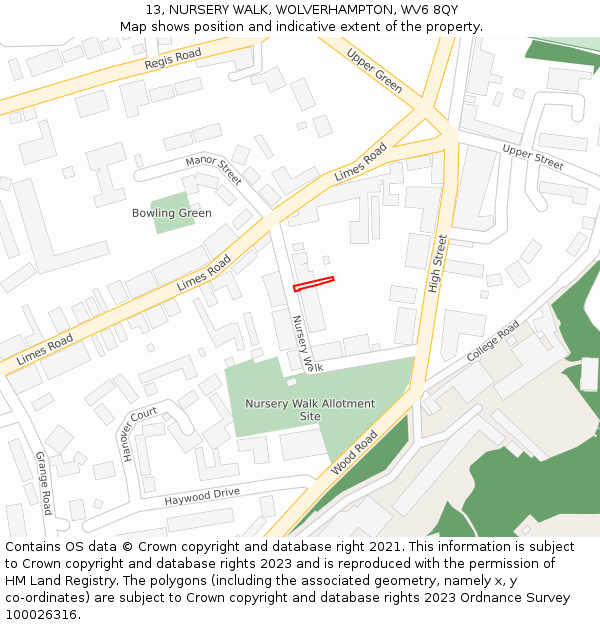 13, NURSERY WALK, WOLVERHAMPTON, WV6 8QY: Location map and indicative extent of plot