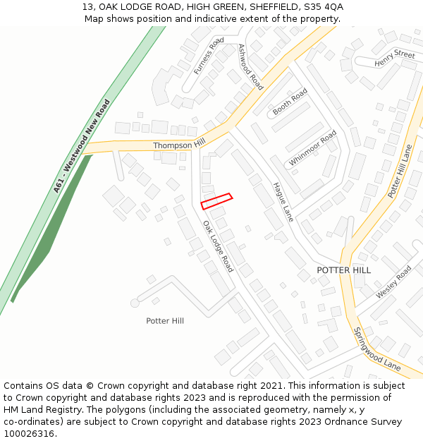 13, OAK LODGE ROAD, HIGH GREEN, SHEFFIELD, S35 4QA: Location map and indicative extent of plot