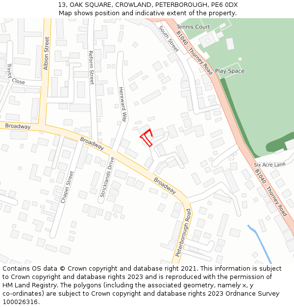 13, OAK SQUARE, CROWLAND, PETERBOROUGH, PE6 0DX: Location map and indicative extent of plot