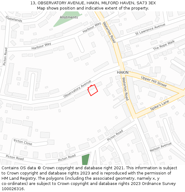 13, OBSERVATORY AVENUE, HAKIN, MILFORD HAVEN, SA73 3EX: Location map and indicative extent of plot