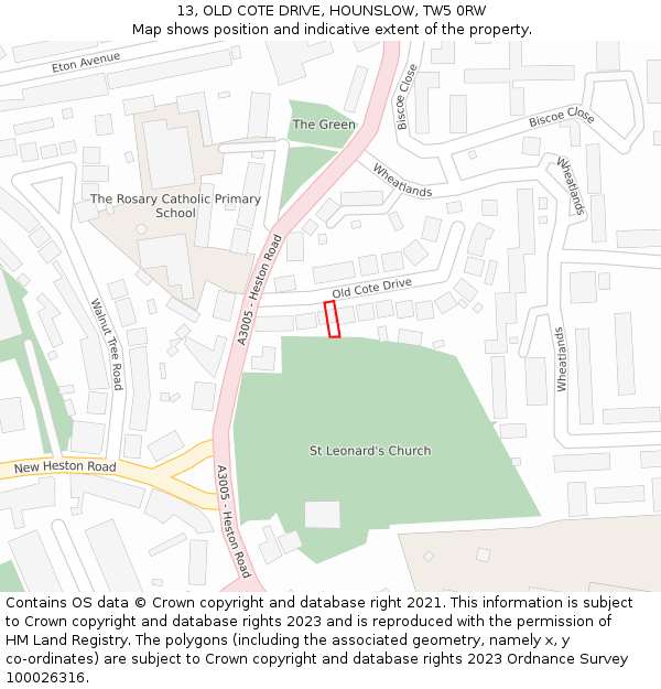 13, OLD COTE DRIVE, HOUNSLOW, TW5 0RW: Location map and indicative extent of plot