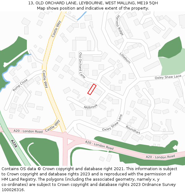 13, OLD ORCHARD LANE, LEYBOURNE, WEST MALLING, ME19 5QH: Location map and indicative extent of plot
