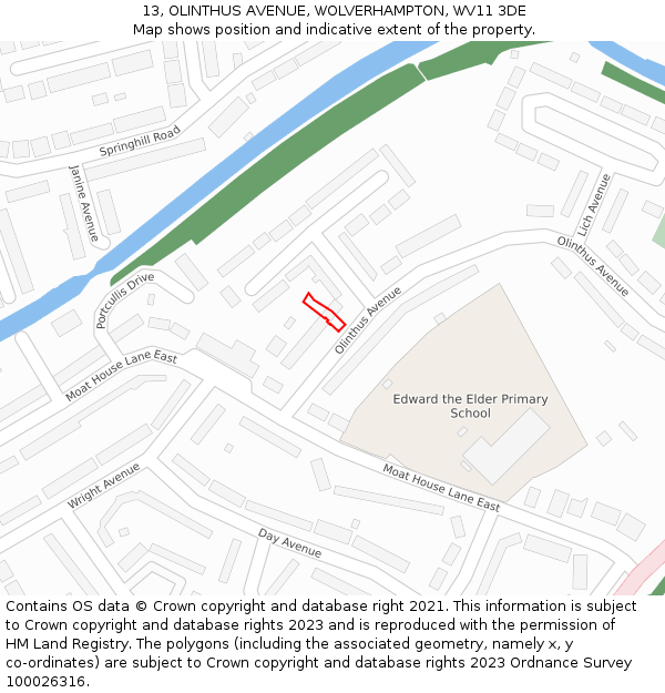 13, OLINTHUS AVENUE, WOLVERHAMPTON, WV11 3DE: Location map and indicative extent of plot