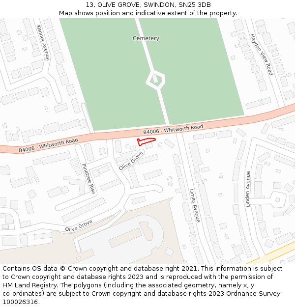 13, OLIVE GROVE, SWINDON, SN25 3DB: Location map and indicative extent of plot