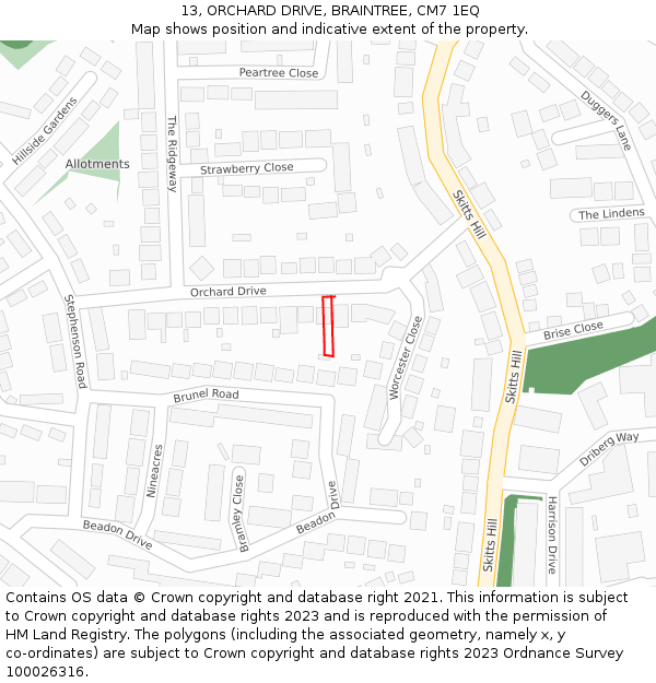 13, ORCHARD DRIVE, BRAINTREE, CM7 1EQ: Location map and indicative extent of plot