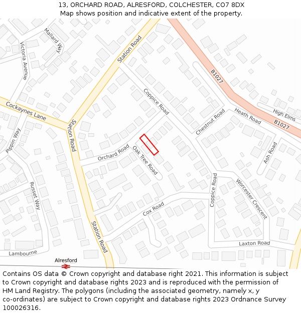 13, ORCHARD ROAD, ALRESFORD, COLCHESTER, CO7 8DX: Location map and indicative extent of plot