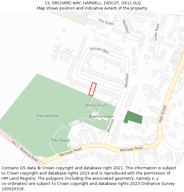 13, ORCHARD WAY, HARWELL, DIDCOT, OX11 0LQ: Location map and indicative extent of plot