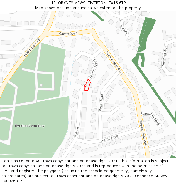 13, ORKNEY MEWS, TIVERTON, EX16 6TP: Location map and indicative extent of plot