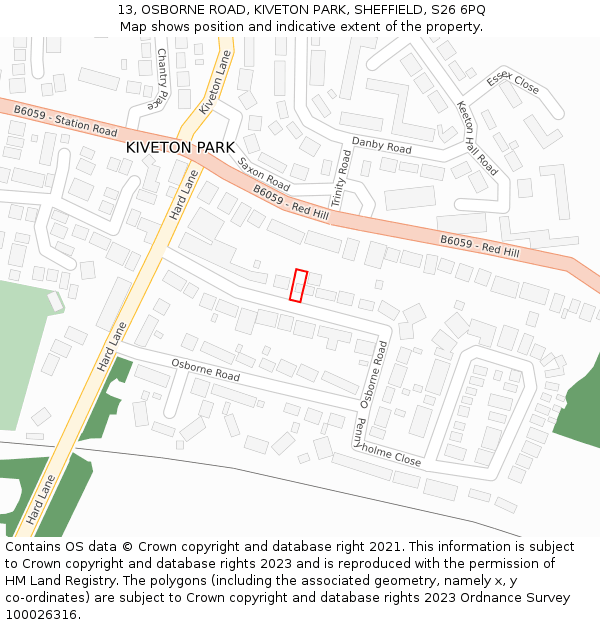 13, OSBORNE ROAD, KIVETON PARK, SHEFFIELD, S26 6PQ: Location map and indicative extent of plot