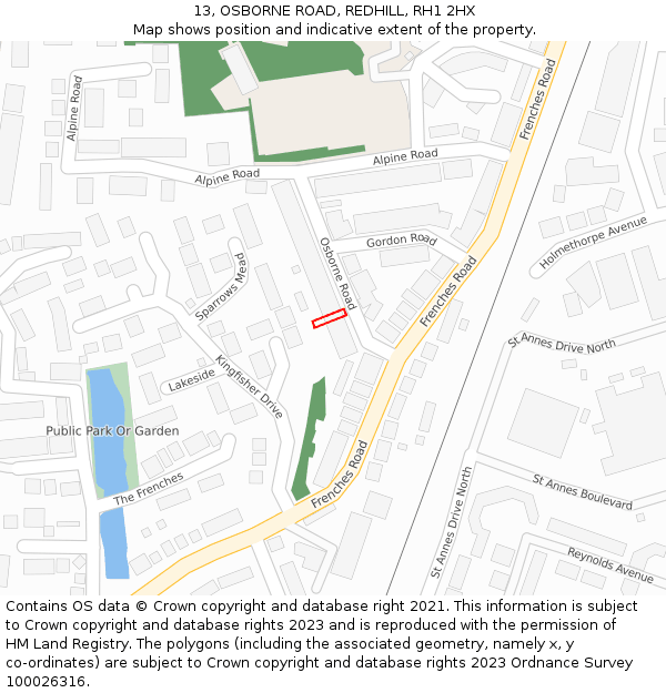 13, OSBORNE ROAD, REDHILL, RH1 2HX: Location map and indicative extent of plot