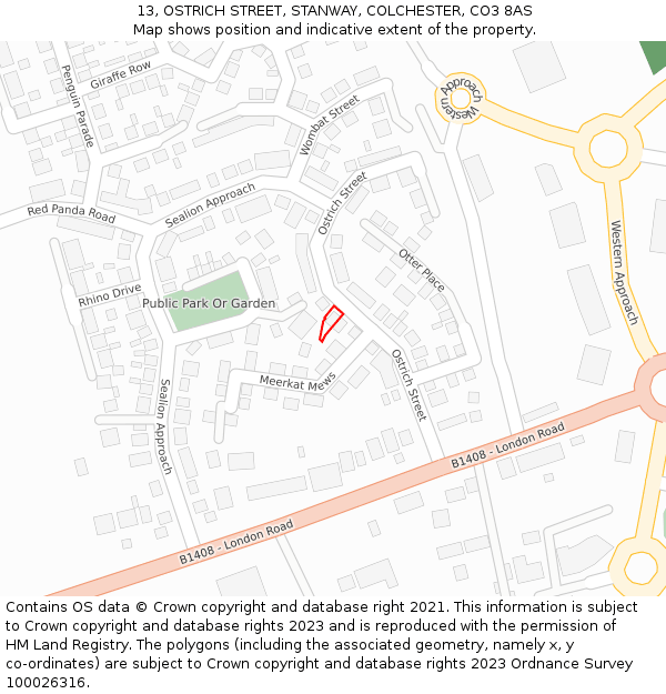 13, OSTRICH STREET, STANWAY, COLCHESTER, CO3 8AS: Location map and indicative extent of plot