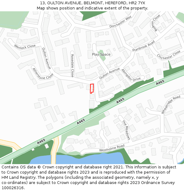 13, OULTON AVENUE, BELMONT, HEREFORD, HR2 7YX: Location map and indicative extent of plot
