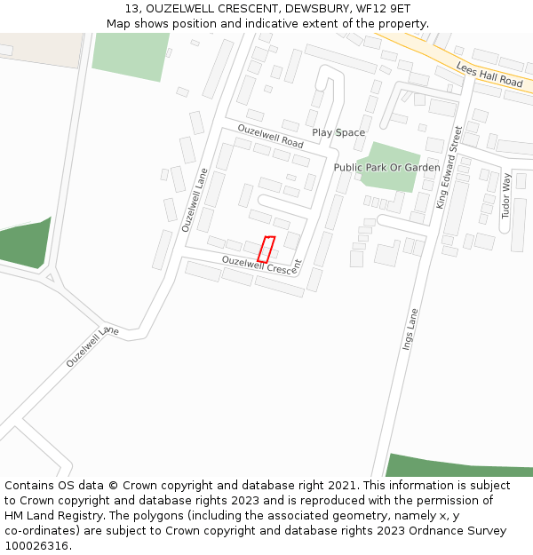 13, OUZELWELL CRESCENT, DEWSBURY, WF12 9ET: Location map and indicative extent of plot