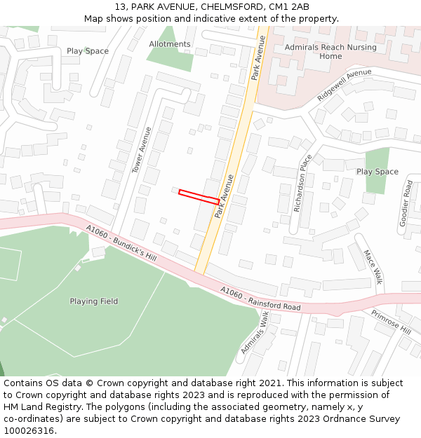 13, PARK AVENUE, CHELMSFORD, CM1 2AB: Location map and indicative extent of plot